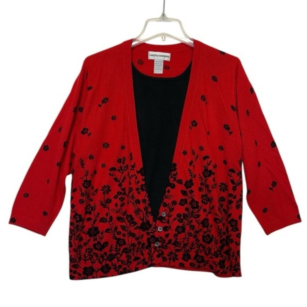 Cathy Daniels Layered Knit Cardigan Sweater Women’s Large Floral Red Black
